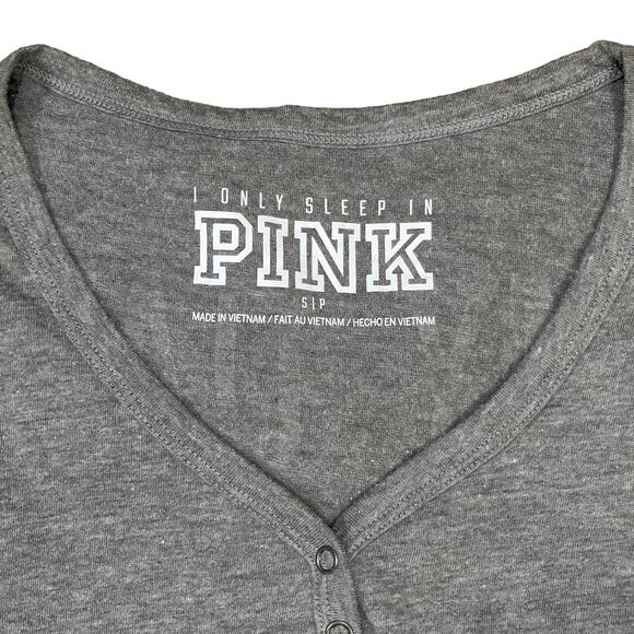 PINK Victoria's Secret Gray V-Neck Long Sleeve Lounge Shirt Striped Sleeves Sz S - Picture 3 of 5